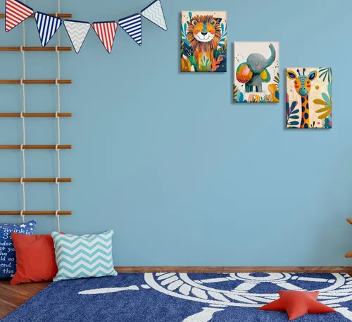 Miniatura 9 de 3 piezas de lienzo de animales de safari para guardería, arte de pared, lindo elefante acuarela, jirafa, león, decoración de pared, coloridos Póster