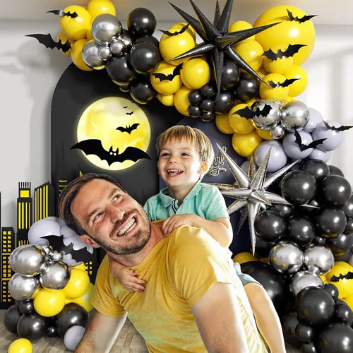 Miniatura 6 de Kit de arco de guirnalda de 133 piezas de globos negros, amarillos y plateados, arco de globos con tema de murciélago para hombre con globos