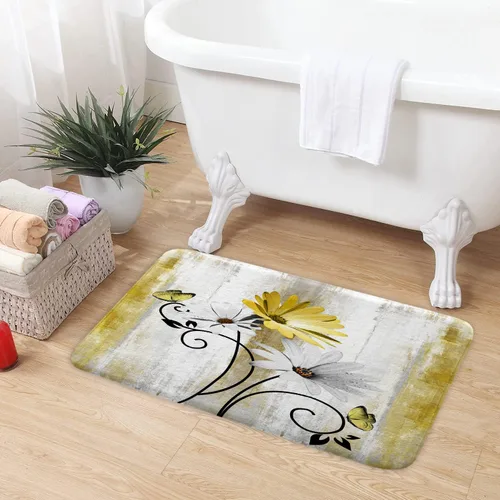 Miniatura 4 de Tapete de baño rústico de granja, diseño de margaritas amarillas, flores y mariposas, alfombra de baño de madera para baño, alfombra de baño suave