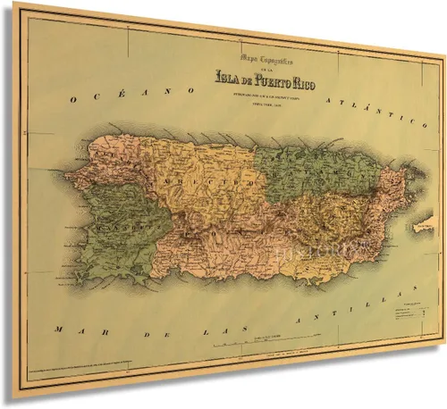 HISTORIX Arte de pared vintage de 1886 con mapa de Puerto Rico, mapa de isla de Puerto Rico de 16 x 24 pulgadas para decoración