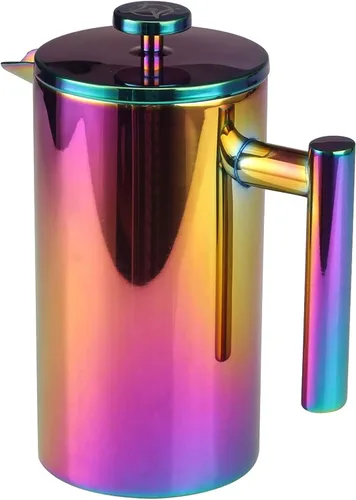 Miniatura 4 de Cafetera de prensa francesa – 1 o 2 tazas, pequeña cafetera de acero inoxidable, prensa francesa de doble pared, Arcoíris, 12oz/350ml