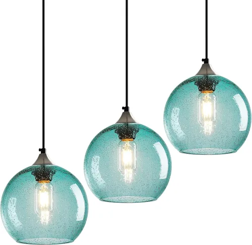 Miniatura 34 de Luces colgantes de cristal verde claro, iluminación de isla de cocina, luminarias de luz colgante de globo, iluminación colgante moderna