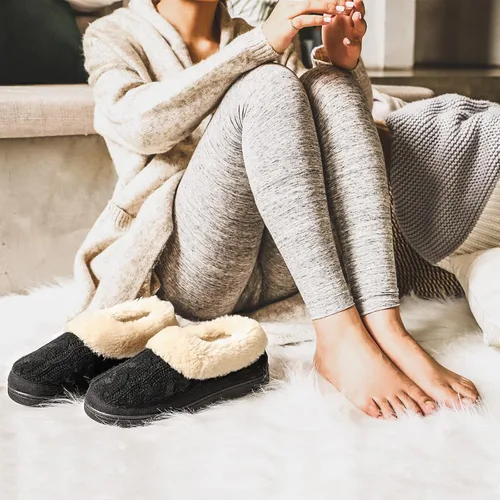 Miniatura 2 de HomeTop Pantuflas de casa de espuma viscoelástica de punto trenzado para mujer con cuello de felpa mullida