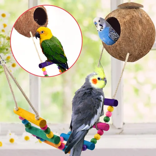 Miniatura 3 de KATUMO Juguetes para pájaros, loro oscilante, escalera, perca, madera, perca, pájaros, masticar, cacatúas, campanas colgantes, juguetes