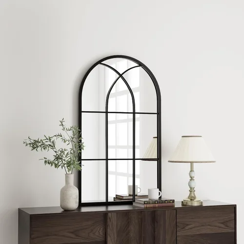 Miniatura 21 de Rowjut Espejo de pared en forma de arco de 30 x 20 pulgadas, espejo decorativo de pared y baño con marco de hierro, espejos de pared superior