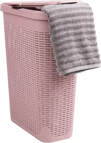 Miniatura 15 de Mind Reader Cesta de lavandería delgada con tapa, cesta de ropa de 40 L, diseño de mimbre premium, plástico, azul bebé