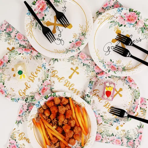 Miniatura 5 de 96 piezas de platos de flores con la frase "God Bless" para fiesta, decoración temática de bautizo, platos de papel y servilletas para primera