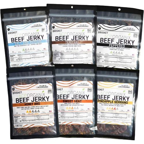 Ace Organix Bocadillo de carne seca prémium de pechuga, varios sabores, fabricado en Estados Unidos (paquete variado de 5 sabores)