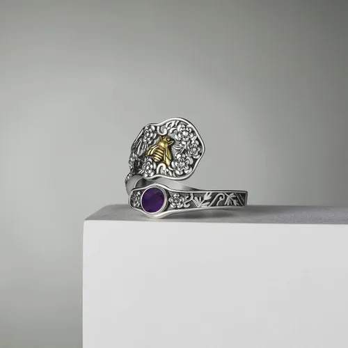 Miniatura 3 de Anillo de cuchara de plata de ley, anillos gruesos de abeja de oro para mujer, anillo de turquesa ajustable