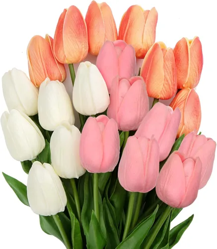 Miniatura 12 de 24 tulipanes rosas – Flores artificiales – Tulipanes artificiales de 13.5 pulgadas para el día de la madre, jarrón, centros de mesa, hogar, ramo