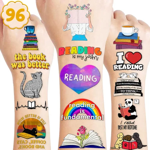 (96 PCS) Libro de lectura Tatuajes temporales para niños, lindo nerd Bookish | Calcomanías de recompensas escolares, suministros para fiestas de