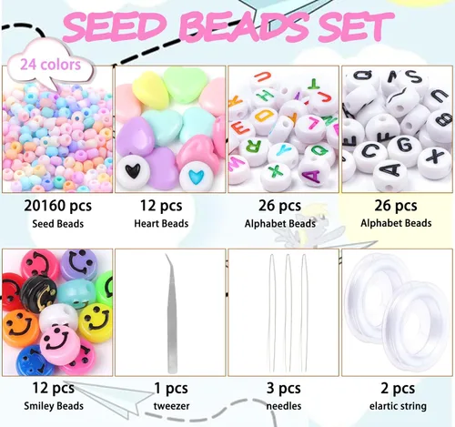Miniatura 2 de Juego de cuentas de semillas de 0.079 pulgadas, cuentas pequeñas de 24 colores para pulseras, 11/0 de color caramelo pastel con cuentas de letras