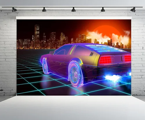 Miniatura 2 de 10x8ft Cyberpunk Car Backdrop Retro Futuristic Cyber City Skyscraper Red Moon Punk Racing Car Background Comic Game Racer Punk Birthday Party