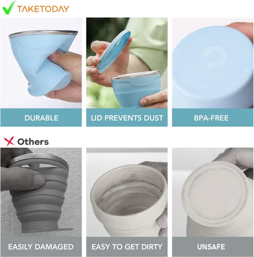 Miniatura 2 de TakeToday 2PCS Collapsible Travel Cup 8 oz - Silicone Foldable Water Cup, BPA-Free with Lid & Waterproof Bag - Drinking Cup Set for Camping