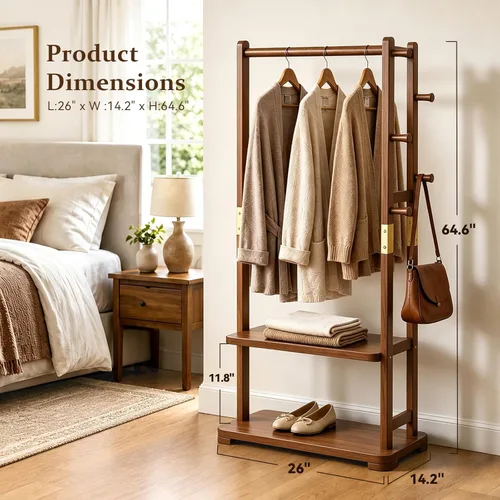 Miniatura 2 de Perchero de madera maciza con 2 estantes y 4 ganchos para colgar ropa, carteras, sombreros, estante de ropa resistente, perchero para abrigos