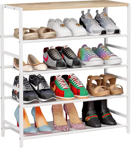 Miniatura 11 de INGIORDAR Organizador de zapatero de 4 niveles, estante organizador de metal con tablero MDF industrial y tela en capas para entrada, armario, Negro