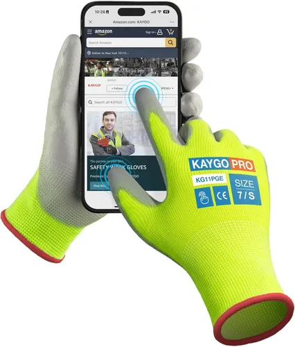 Miniatura 21 de KAYGO KG11PB - Guantes de seguridad con revestimiento delgado de poliuretano, tejido sin costuras, agarre suave en palma y dedos, para trabajo Verde