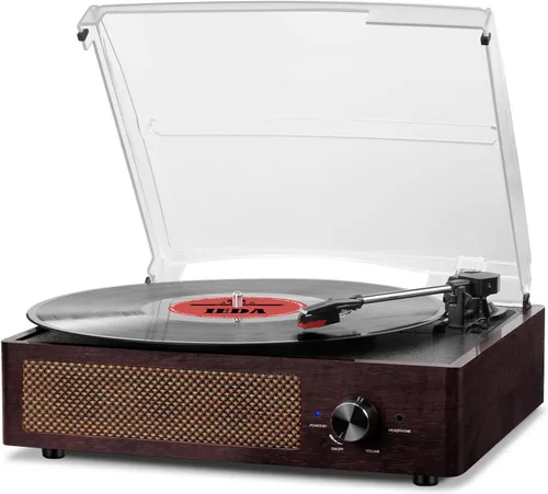 Tocadiscos de vinilo con receptor Bluetooth incorporado y 2 altavoces estéreo, tocadiscos retro portátil de 3 velocidades y 3 tamaños para el Marrón