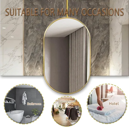 Miniatura 5 de Espejo ovalado para colgar en el techo, espejo de pared flotante para baño, espejo montado en el techo con marco de metal negro y pluma - dorado