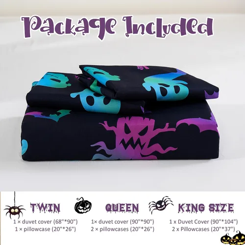 Miniatura 7 de Menghomeus Juego de ropa de cama de Halloween, tamaño King, color negro, juego de funda de edredón con diseño de calabaza y fantasma de dibujos