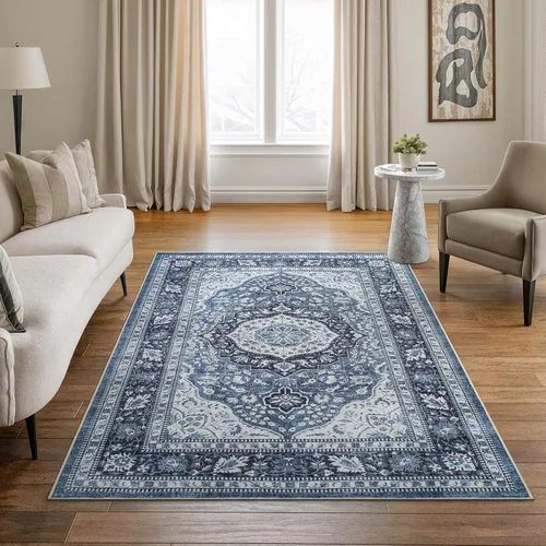 Miniatura 41 de Bloom Rugs Caria Alfombra Lavable Antideslizante de 7 pies - Azul/Carbón Alfombra Tradicional para Entrada, Pasillo, Baño y Cocina - Tamaño Exacto