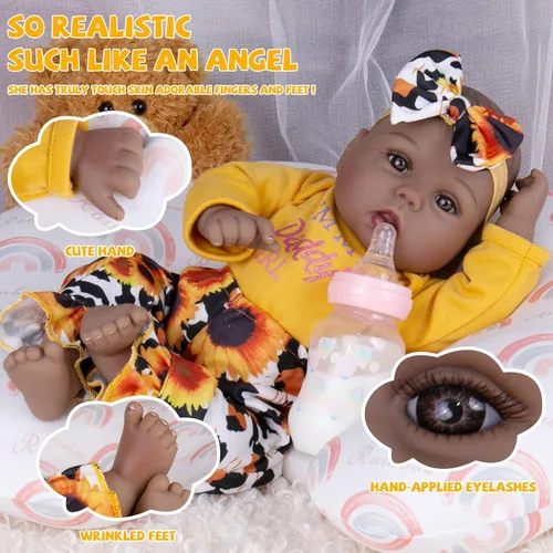 Miniatura 6 de Milidool Muñecas de bebé Reborn negras realistas de 18 pulgadas, muñeca de bebé negra recién nacida con peso real, juego de regalo para niñas a