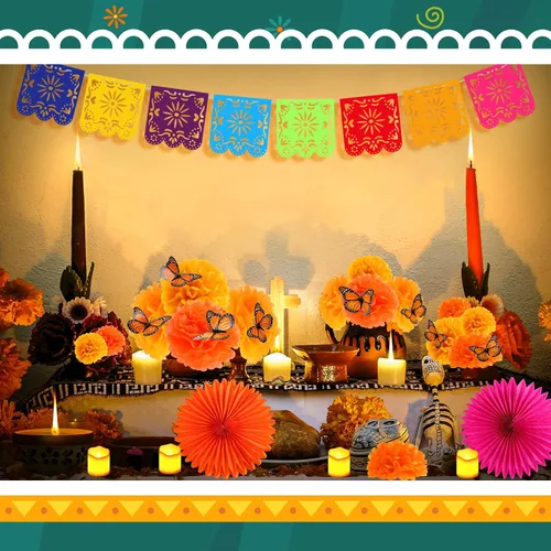 Miniatura 6 de Newwiee Juego de 82 velas LED de papel sin llama, abanico de flores de caléndula, diseño de mariposa monarca, papel picado, mantel desechable