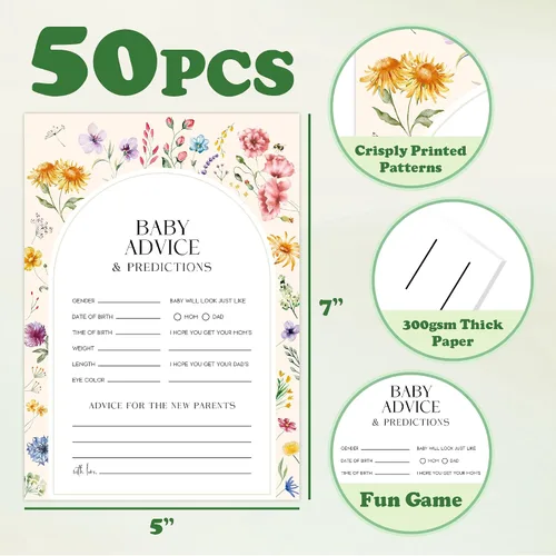 Miniatura 2 de JOETMAE Tarjetas de juegos de baby shower de 5 x 7 pulgadas, predicciones florales y tarjeta de consejos, 50 tarjetas grandes de predicciones