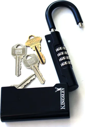 Kingsley Guard-a-Key Caja de seguridad para llaves negra portátil con llave de colgar y cerradura de combinación para llaves de casa, inmobiliarias,