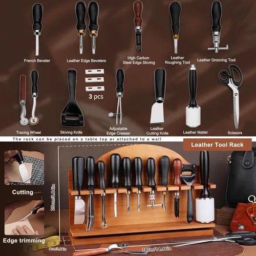 Miniatura 4 de BUTUZE Herramientas de cuero, kit de manualidades de cuero con estante de herramientas de cuero, kit de herramientas de trabajo de cuero