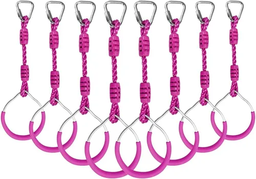Miniatura 29 de Anillo de gimnasia con columpio para curso de obstáculos de guerrero Slackline, equipo de entrenamiento de trapecio y puño, 2 barras ninja moradas
