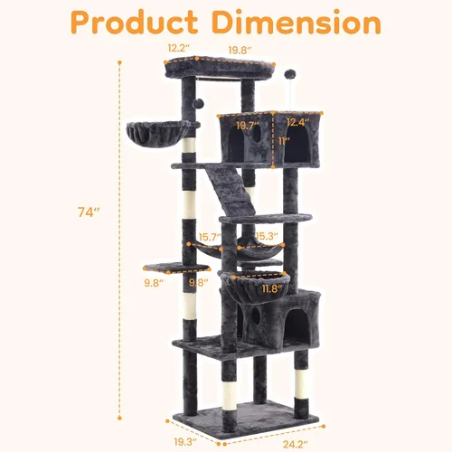 Miniatura 6 de Torre de árbol para gatos de varios niveles de 73 pulgadas para gatos grandes con postes rascadores, condominios, percha, hamacas y juguetes