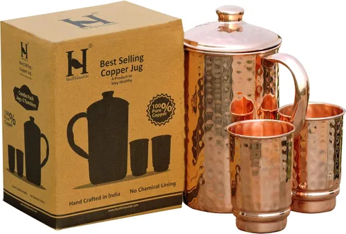 Jarra de cobre de 50.72 onzas con 2 tazas de cobre | Juego de jarra de agua de cobre puro y tazas a juego para el hogar y el bienestar, acabado