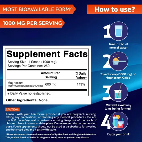 Miniatura 2 de Vitamatic Polvo de óxido de magnesio – 1000 mg por porción – 250 porciones – Suplemento de magnesio de alta absorción – 600 mg de magnesio elemental