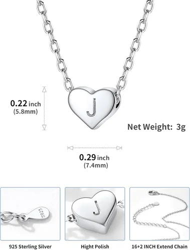 Miniatura 5 de SILVERCUTE Pequeños collares con inicial de plata de ley 925 con dije de letra A-Z para mujeres y niñas, gargantilla de corazón de 16 pulgadas + 2