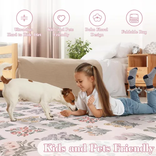 Miniatura 9 de Wonnitar Alfombras rosas para dormitorio, niñas, guardería, alfombra lavable con estampado floral de 5 x 7 pies, bohemio, ultrafina, antideslizante