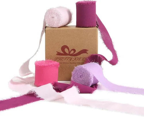 Miniatura 34 de Pretty Jolly Cinta de gasa beige para envolver regalos, 3 rollos de 2 pulgadas x 7 yardas, cinta de tela de seda hecha a mano con flecos para ramo