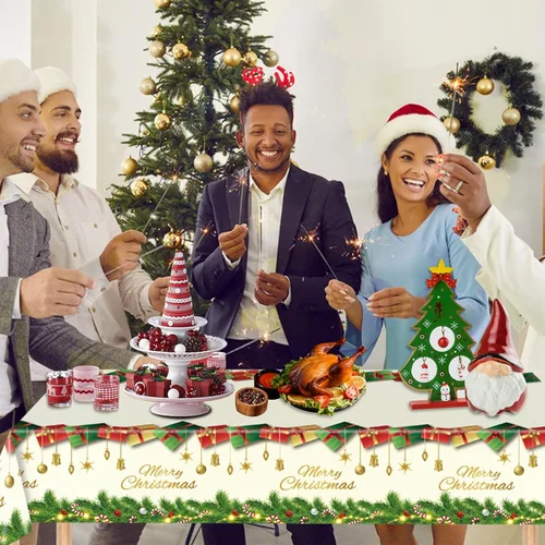 Miniatura 2 de Mantel navideño desechable de plástico, 3 piezas de 54 x 108 pulgadas, mantel rectangular de vinilo blanco de Navidad con la frase "Merry