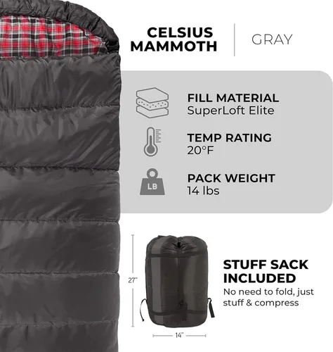 Miniatura 5 de Teton Mammoth - Saco de dormir doble tamaño Queen - Una bolsa cálida que toda la familia puede disfrutar, ideal para camping, caza y campamento Gris