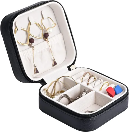 Miniatura 8 de Joyero de viaje de cuero de lujo para mujer, mini organizador de joyería pequeña, estuche de viaje portátil para anillos, aretes, collares