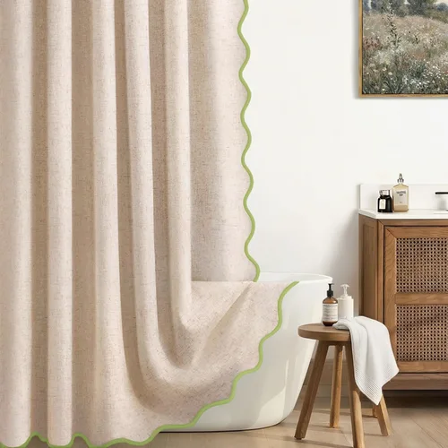Miniatura 13 de Cortina de Ducha de Lino Beige Bonita Negra Festoneada Boho Moderna Cortinas de Ducha para Baño Juego, 48" W x 72" L