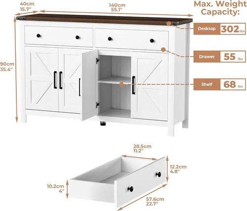Miniatura 3 de VVFLU 55" Modern Farmhouse Buffet Cabinet with Storage, Coffee Bar Cabinet with 2 Drawers and 4 Barn Doors, Sideboard Storage Cabinet for Kitchen