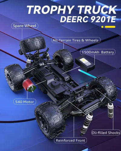 Miniatura 3 de DEERC 9201E 1:10 Camión a control remoto grande con luces, automóvil RC de curso corto rápido, vehículo eléctrico todoterreno de juguete de grado