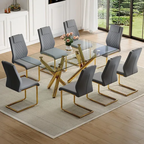 Miniatura 8 de Juego de mesa de comedor de cristal para 6,71 pulgadas, mesa de comedor para 6, mesa de cocina rectangular grande de vidrio templado y 6 sillas