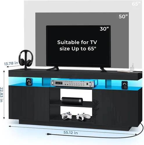 Miniatura 2 de HOMMPA Soporte de TV LED moderno para TV de 65/60/55 pulgadas con tomas de corriente - Centro de entretenimiento con almacenamiento para consola