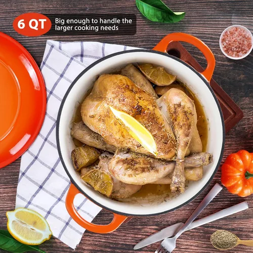 Miniatura 6 de E-far - Horno holandés de 6 cuartos de galón, esmaltado de hierro fundido con tapa, olla de cocina redonda antiadherente para Naranja