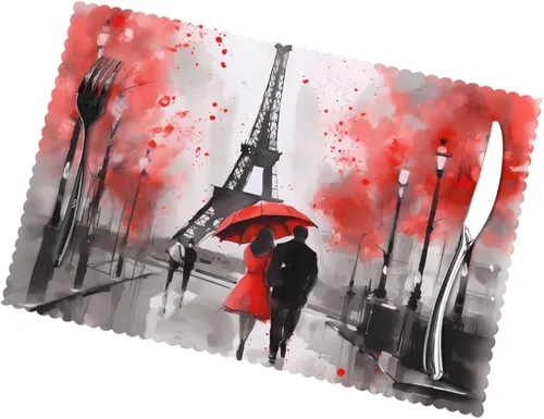 Juego de 6 manteles individuales románticos de la Torre Eiffel para el día de San Valentín, lavables, para cocina, comedor, decoración del hogar, 12