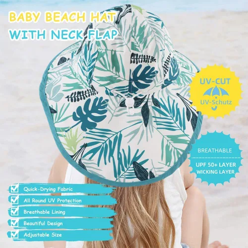 Miniatura 37 de Sombrero de verano para niños pequeños con solapa para el cuello, impermeable, sombrero de natación para niños, protección UV, sombrero de playa