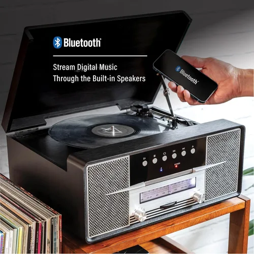 Miniatura 3 de Crosley CR7016A-BK Rhapsody - Tocadiscos de vinilo 7 en 1 con Bluetooth, 3 velocidades, reproductor de CD, radio AM/FM, color negro