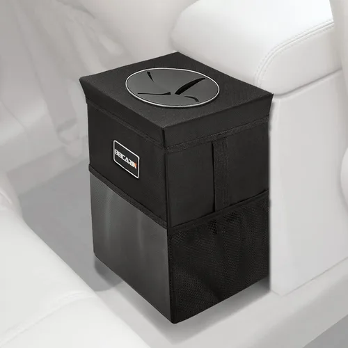 Miniatura 8 de Cubo de basura para automóvil con tapa - Bolsa de basura colgante con bolsillos de almacenamiento a prueba de fugas, organizador de SUV plegable